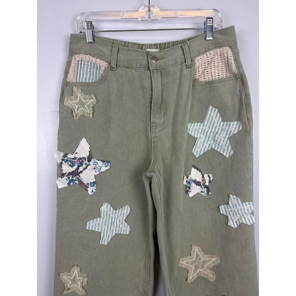 POL Sage Green Patchwork Star‎ Straight Wide Leg Jeans Small Boho Festival Pants